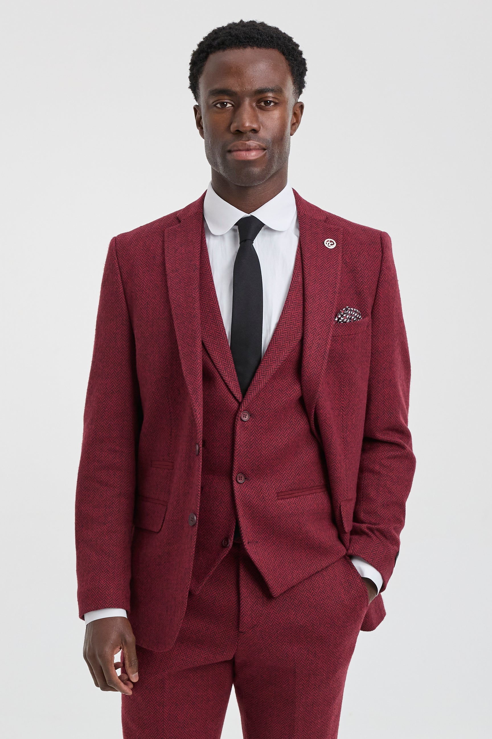 Terno masculino de tweed de 3 peças em espinha de peixe na cor vinho - STZ11