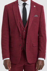 Terno masculino de tweed de 3 peças em espinha de peixe na cor vinho - STZ11