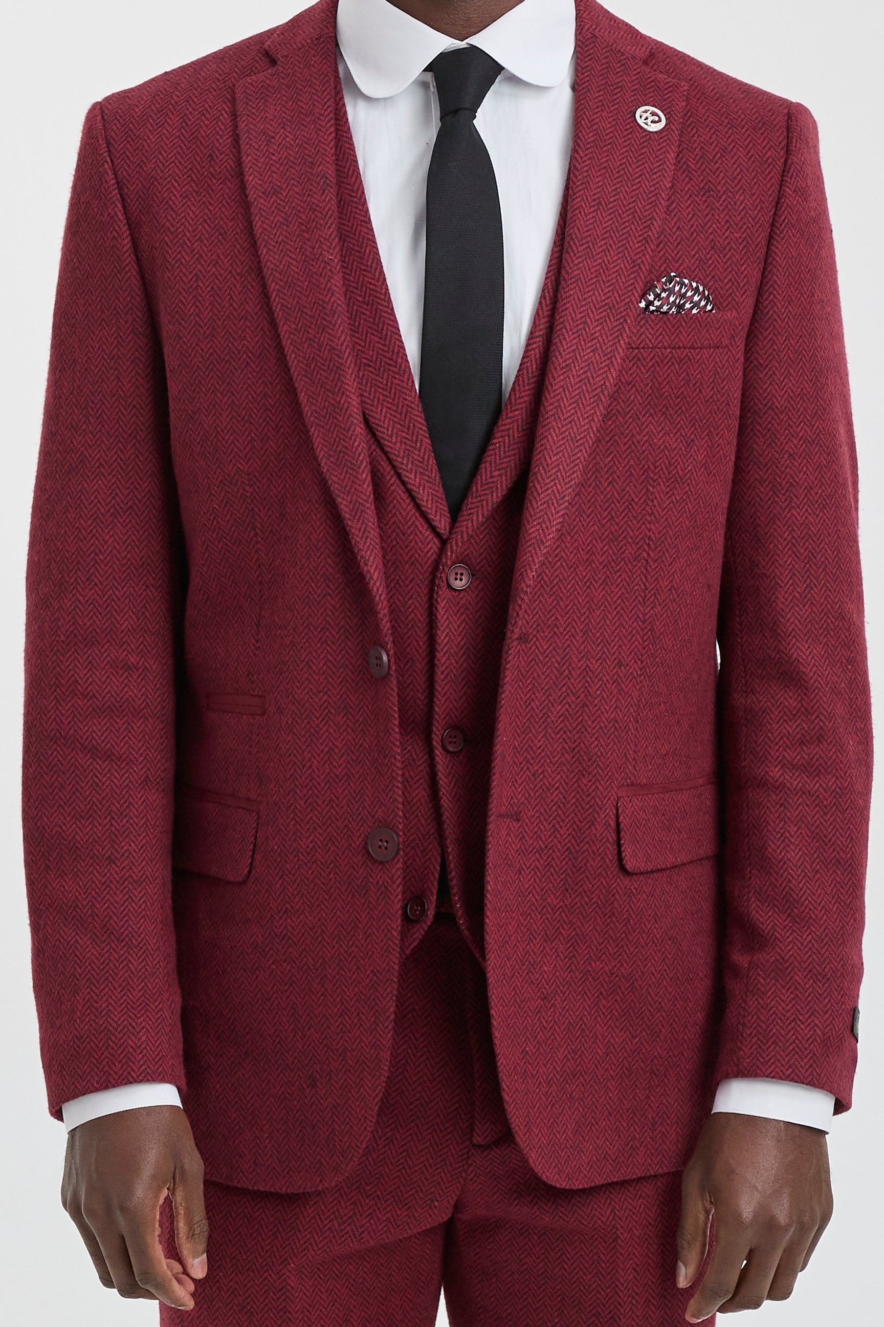 Terno masculino de tweed de 3 peças em espinha de peixe na cor vinho - STZ11