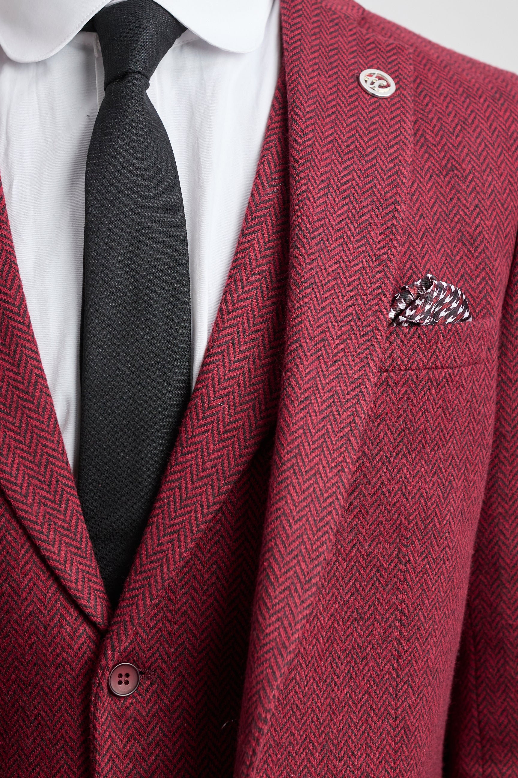 Terno masculino de tweed de 3 peças em espinha de peixe na cor vinho - STZ11
