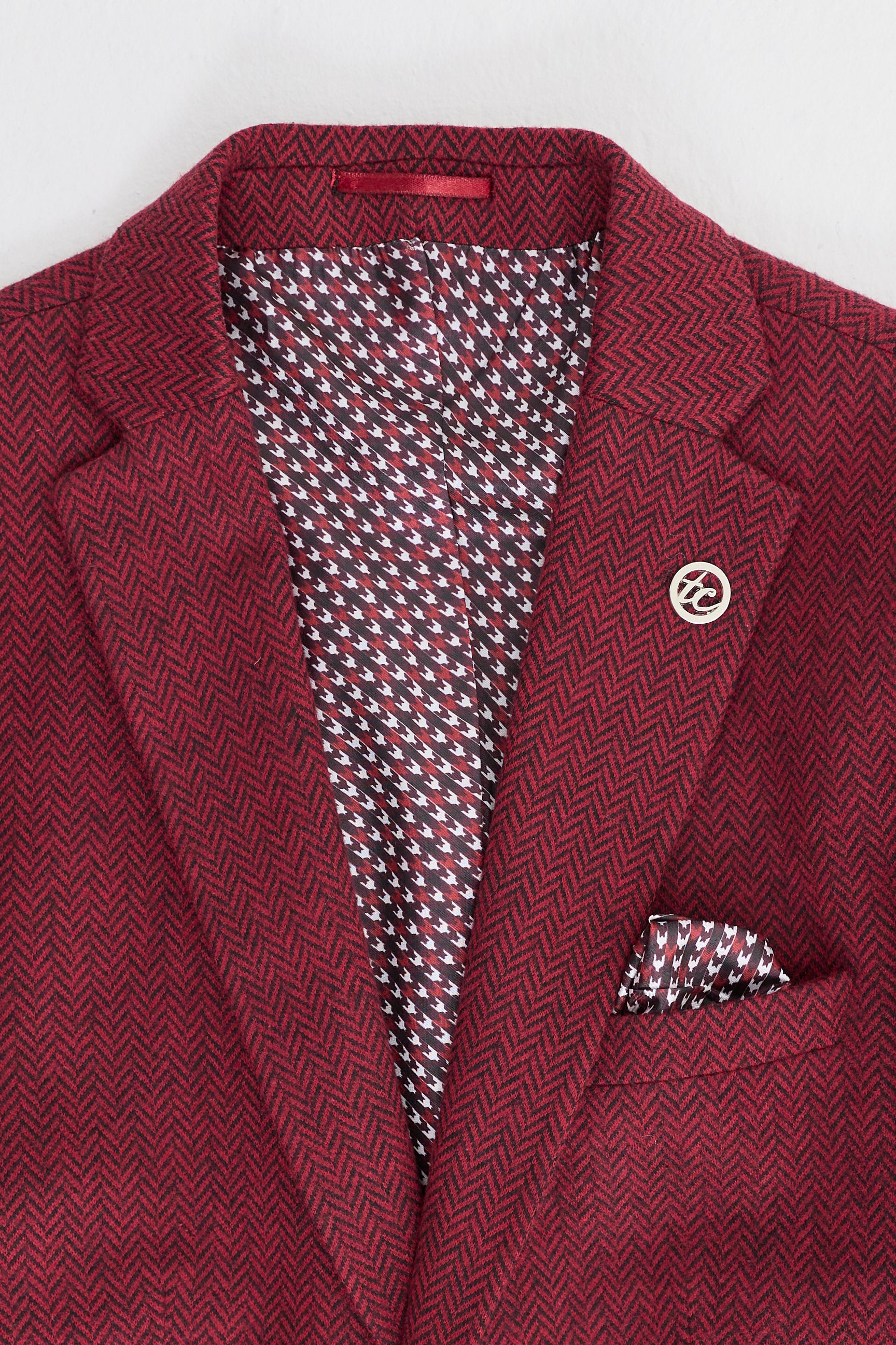 Terno masculino de tweed de 3 peças em espinha de peixe na cor vinho - STZ11