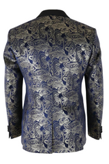 STZ63 - Blazer de smoking masculino em veludo com estampa floral paisley azul e dourada