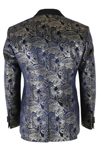 STZ63 - Blazer de smoking masculino em veludo com estampa floral paisley azul e dourada