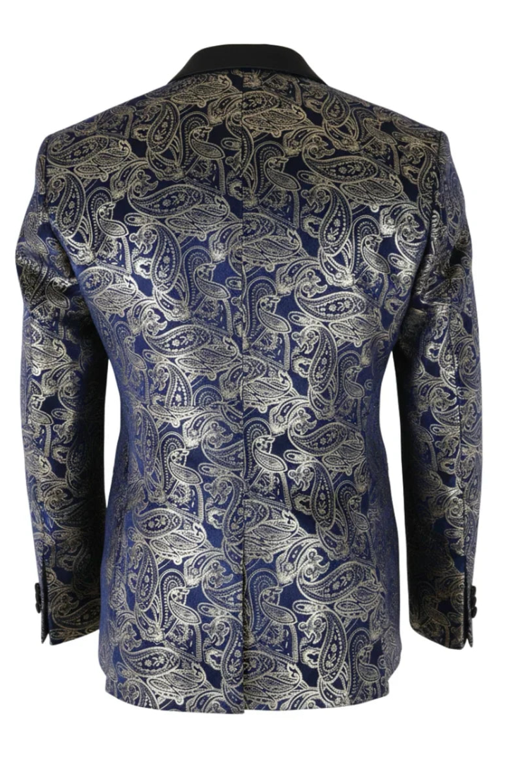 STZ63 - Blazer de smoking masculino em veludo com estampa floral paisley azul e dourada
