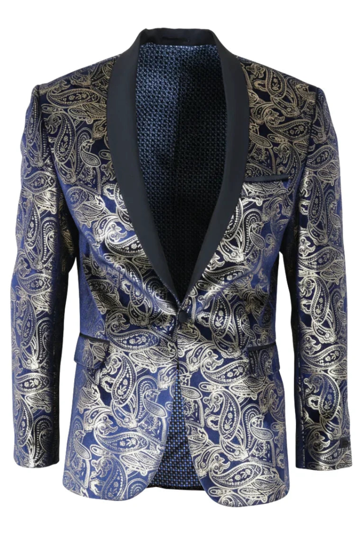 STZ63 - Blazer de smoking masculino em veludo com estampa floral paisley azul e dourada