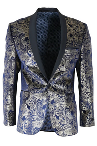STZ63 - Blazer de smoking masculino em veludo com estampa floral paisley azul e dourada
