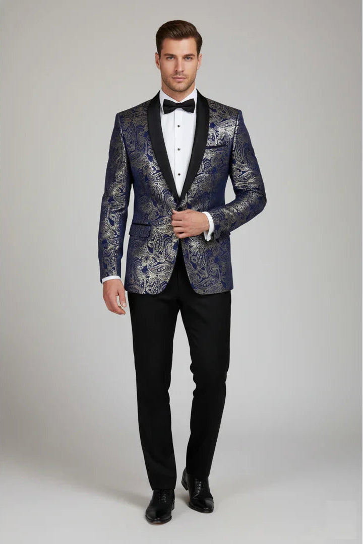 STZ63 - Blazer de smoking masculino em veludo com estampa floral paisley azul e dourada