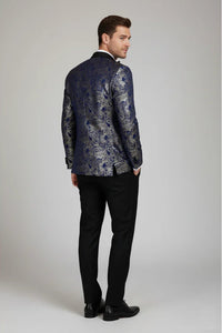 STZ63 - Blazer de smoking masculino em veludo com estampa floral paisley azul e dourada
