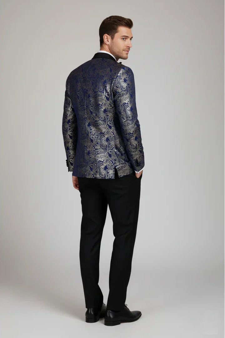 STZ63 - Blazer de smoking masculino em veludo com estampa floral paisley azul e dourada