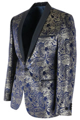 STZ63 - Blazer de smoking masculino em veludo com estampa floral paisley azul e dourada