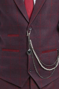 Terno masculino de 3 peças em lã tweed cor ameixa com estampa xadrez estilo Gatsby dos anos 1920