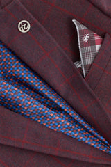 Terno masculino de 3 peças em lã tweed cor ameixa com estampa xadrez estilo Gatsby dos anos 1920