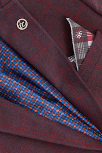 Terno masculino de 3 peças em lã tweed cor ameixa com estampa xadrez estilo Gatsby dos anos 1920