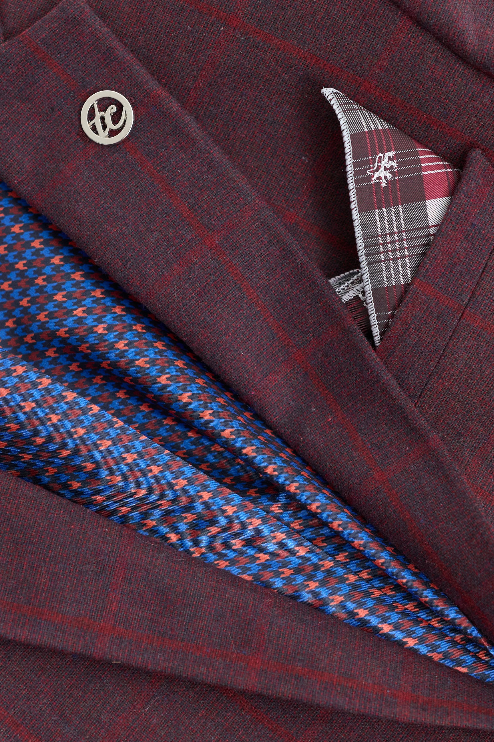 Terno masculino de 3 peças em lã tweed cor ameixa com estampa xadrez estilo Gatsby dos anos 1920