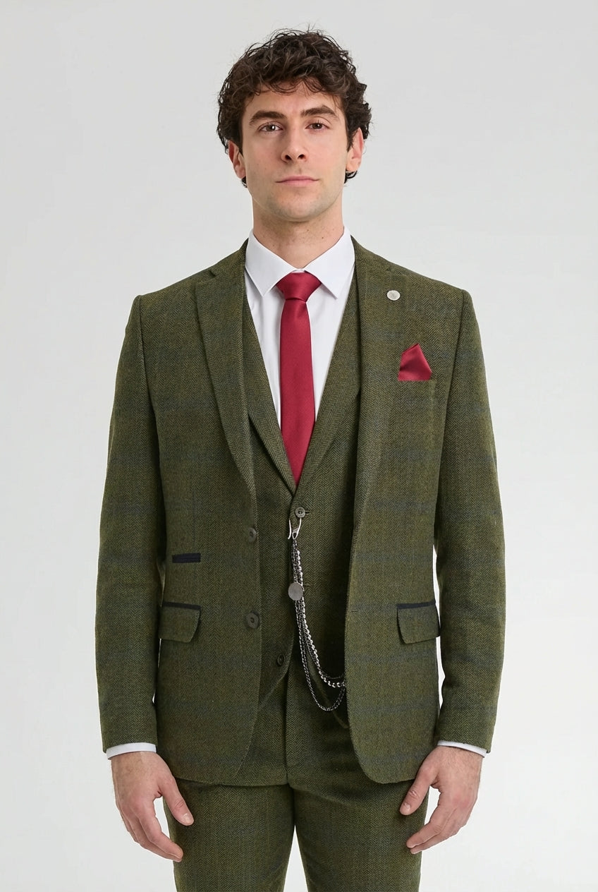 Terno masculino de 3 peças em lã tweed xadrez verde, azul e marrom, estilo Gatsby dos anos 1920
