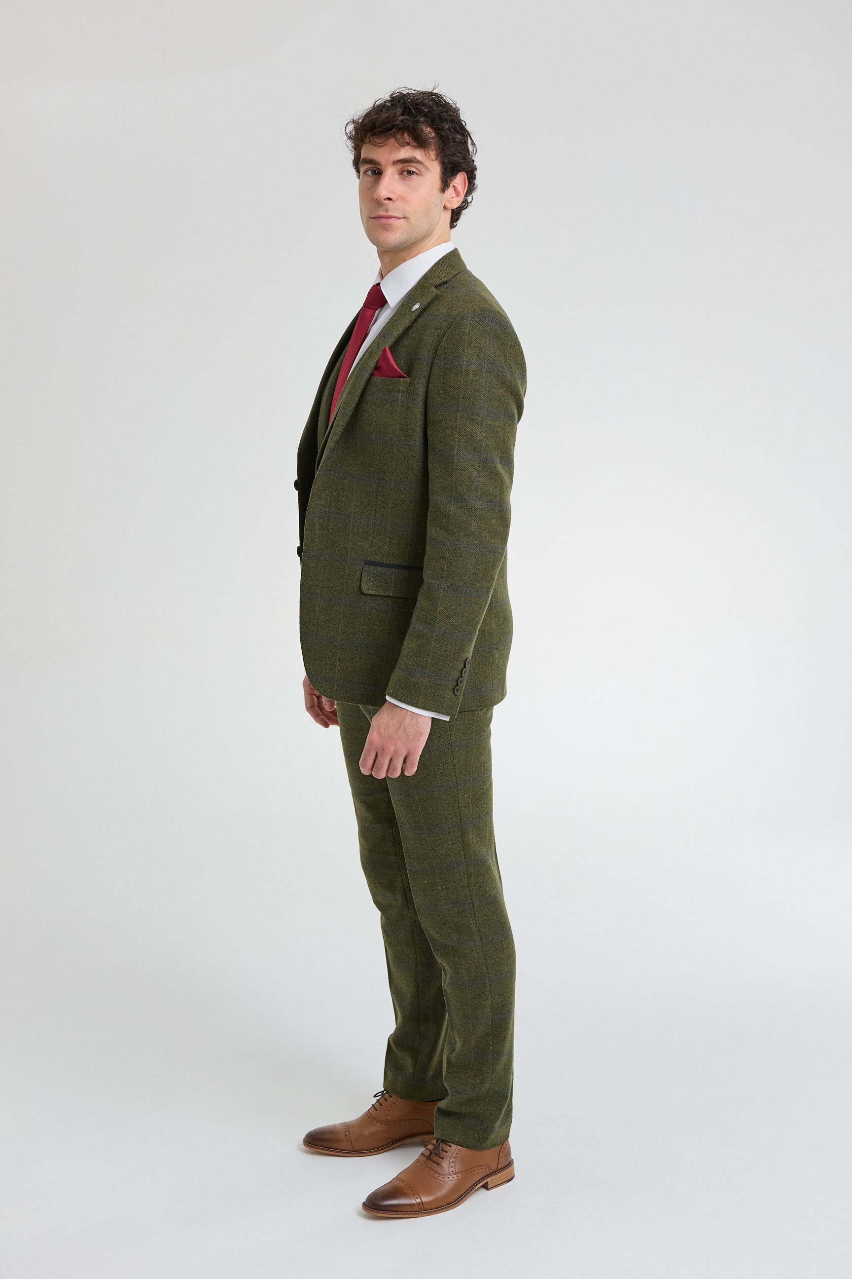 Terno masculino de 3 peças em lã tweed xadrez verde, azul e marrom, estilo Gatsby dos anos 1920