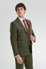 Terno masculino de 3 peças em lã tweed xadrez verde, azul e marrom, estilo Gatsby dos anos 1920