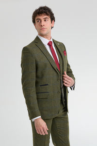 Terno masculino de 3 peças em lã tweed xadrez verde, azul e marrom, estilo Gatsby dos anos 1920