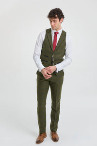 Terno masculino de 3 peças em lã tweed xadrez verde, azul e marrom, estilo Gatsby dos anos 1920