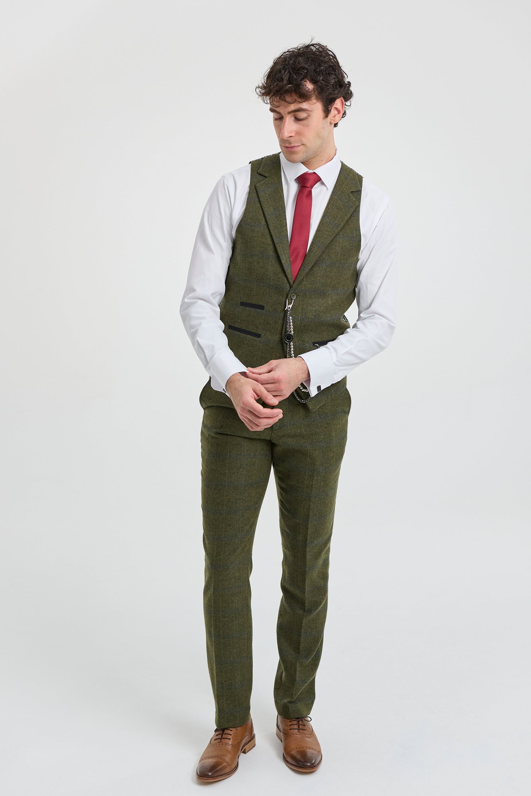 Terno masculino de 3 peças em lã tweed xadrez verde, azul e marrom, estilo Gatsby dos anos 1920