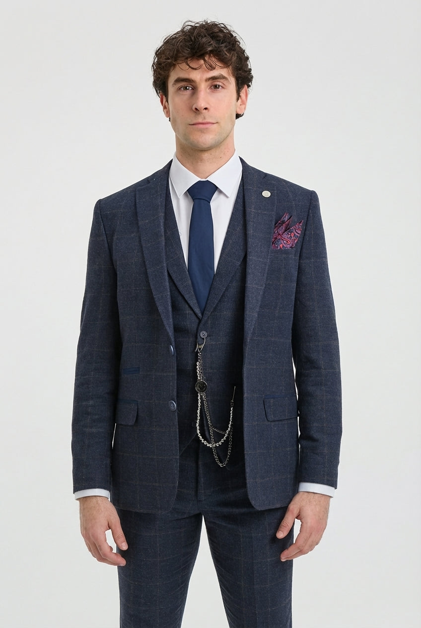 Terno masculino de 3 peças em lã tweed azul marinho xadrez marrom estilo Gatsby dos anos 1920