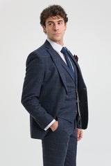 Terno masculino de 3 peças em lã tweed azul marinho xadrez marrom estilo Gatsby dos anos 1920