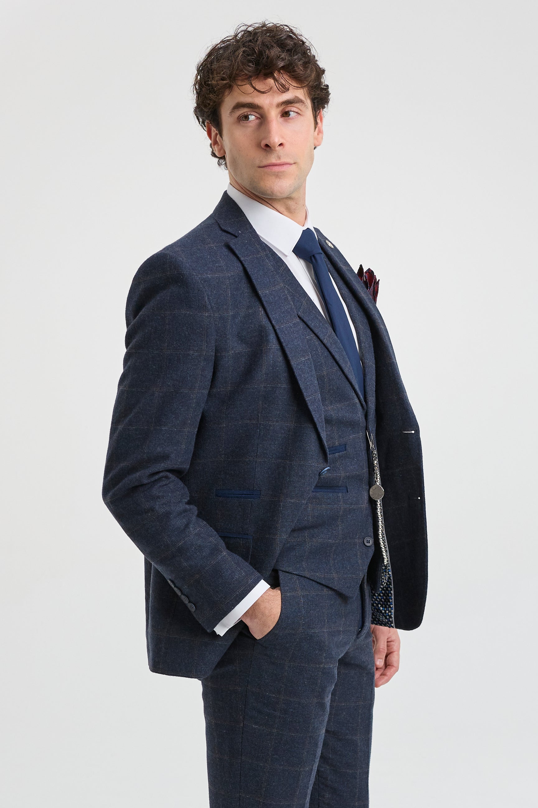 Terno masculino de 3 peças em lã tweed azul marinho xadrez marrom estilo Gatsby dos anos 1920