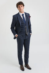 Terno masculino de 3 peças em lã tweed azul marinho xadrez marrom estilo Gatsby dos anos 1920