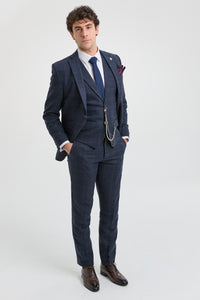 Terno masculino de 3 peças em lã tweed azul marinho xadrez marrom estilo Gatsby dos anos 1920