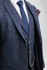 Terno masculino de 3 peças em lã tweed azul marinho xadrez marrom estilo Gatsby dos anos 1920