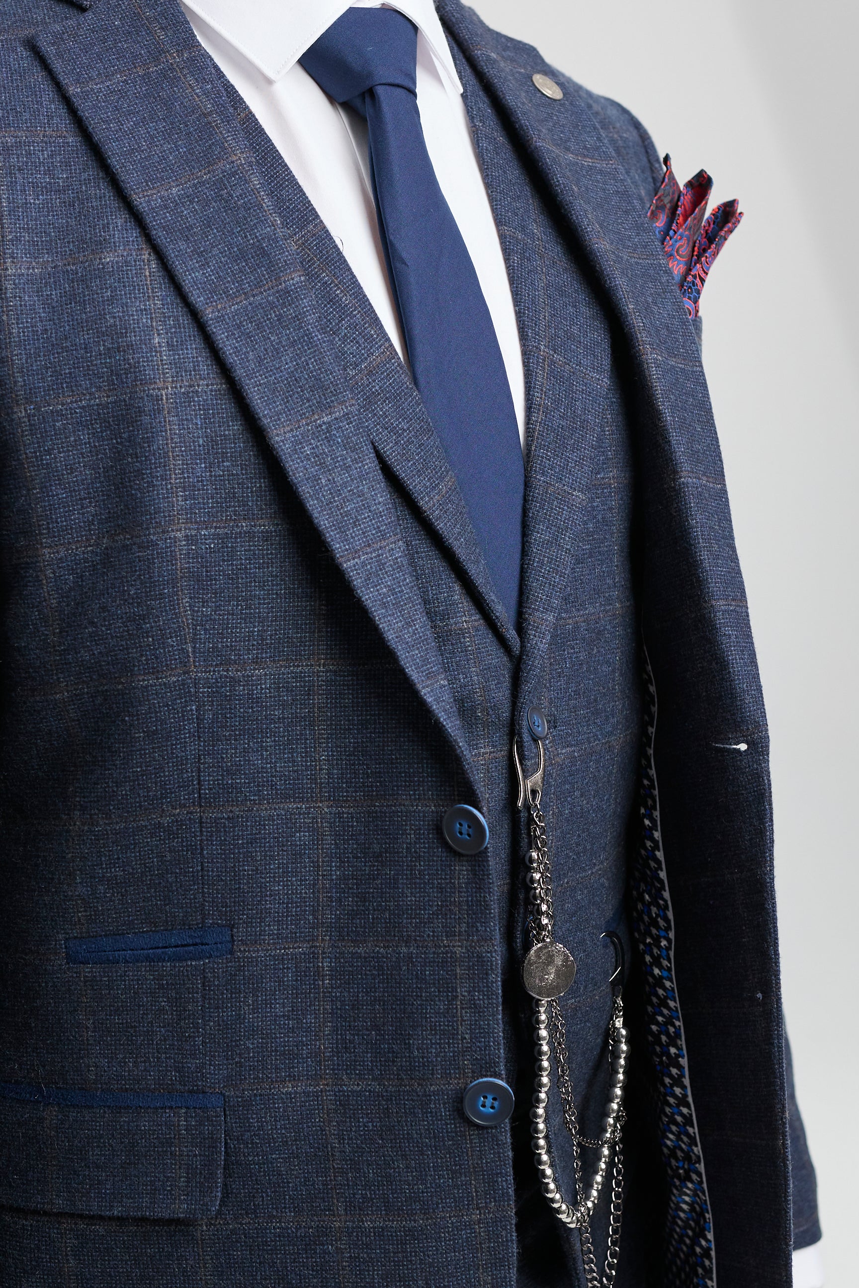 Terno masculino de 3 peças em lã tweed azul marinho xadrez marrom estilo Gatsby dos anos 1920