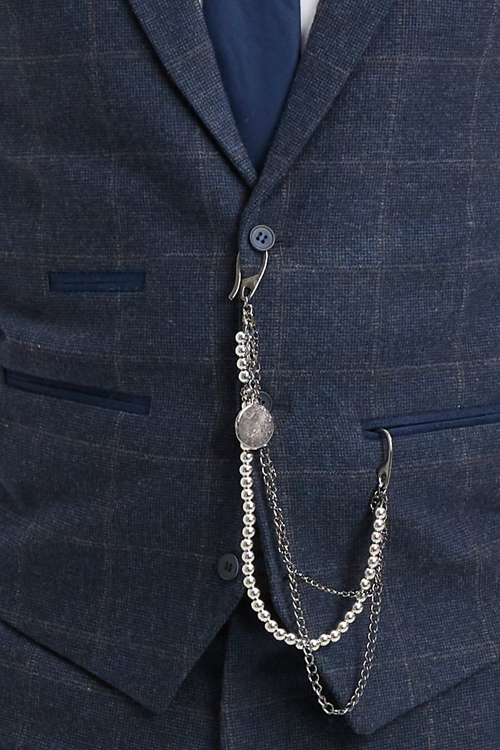 Terno masculino de 3 peças em lã tweed azul marinho xadrez marrom estilo Gatsby dos anos 1920