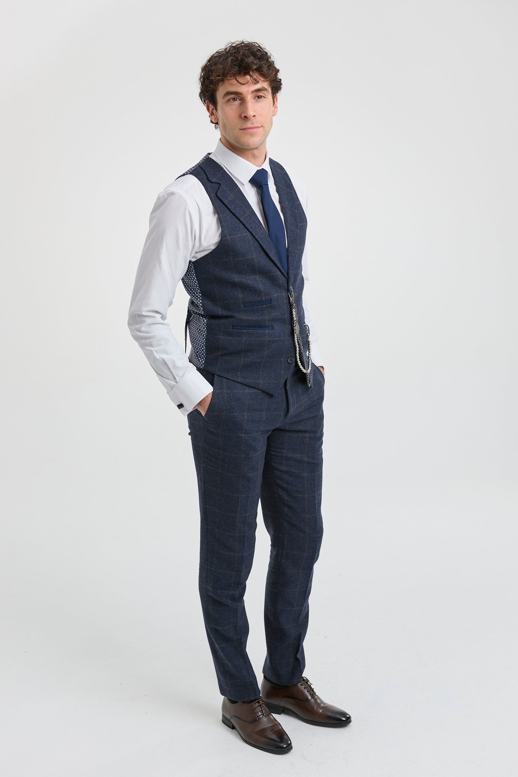 Terno masculino de 3 peças em lã tweed azul marinho xadrez marrom estilo Gatsby dos anos 1920