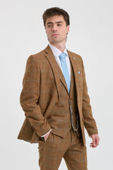 Terno masculino de 3 peças em lã tweed espinha de peixe, xadrez em tons de bege, marrom e azul, estilo Gatsby dos anos 1920