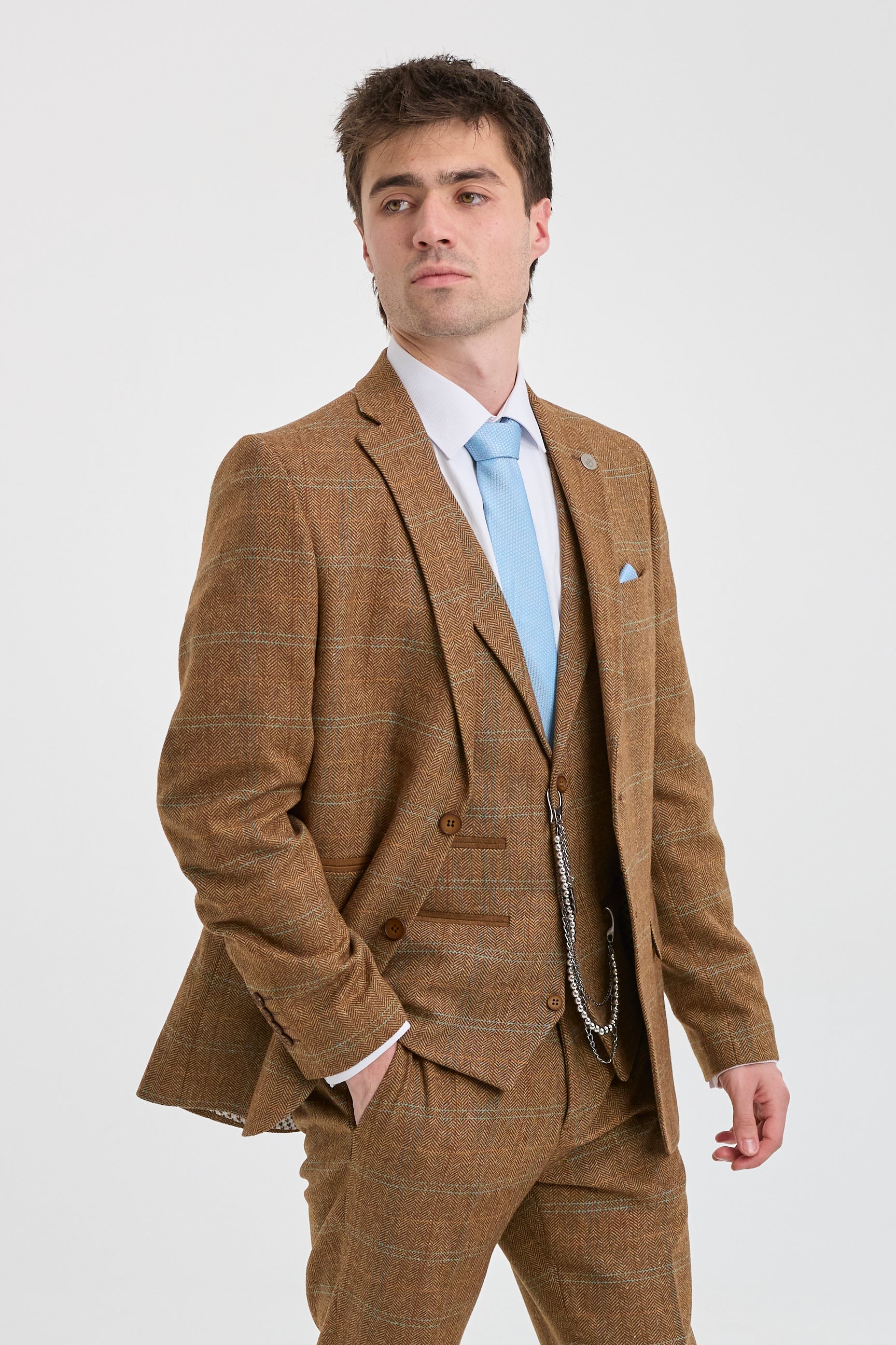 Terno masculino de 3 peças em lã tweed espinha de peixe, xadrez em tons de bege, marrom e azul, estilo Gatsby dos anos 1920