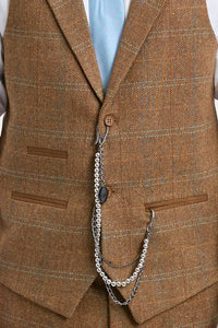 Terno masculino de 3 peças em lã tweed espinha de peixe, xadrez em tons de bege, marrom e azul, estilo Gatsby dos anos 1920