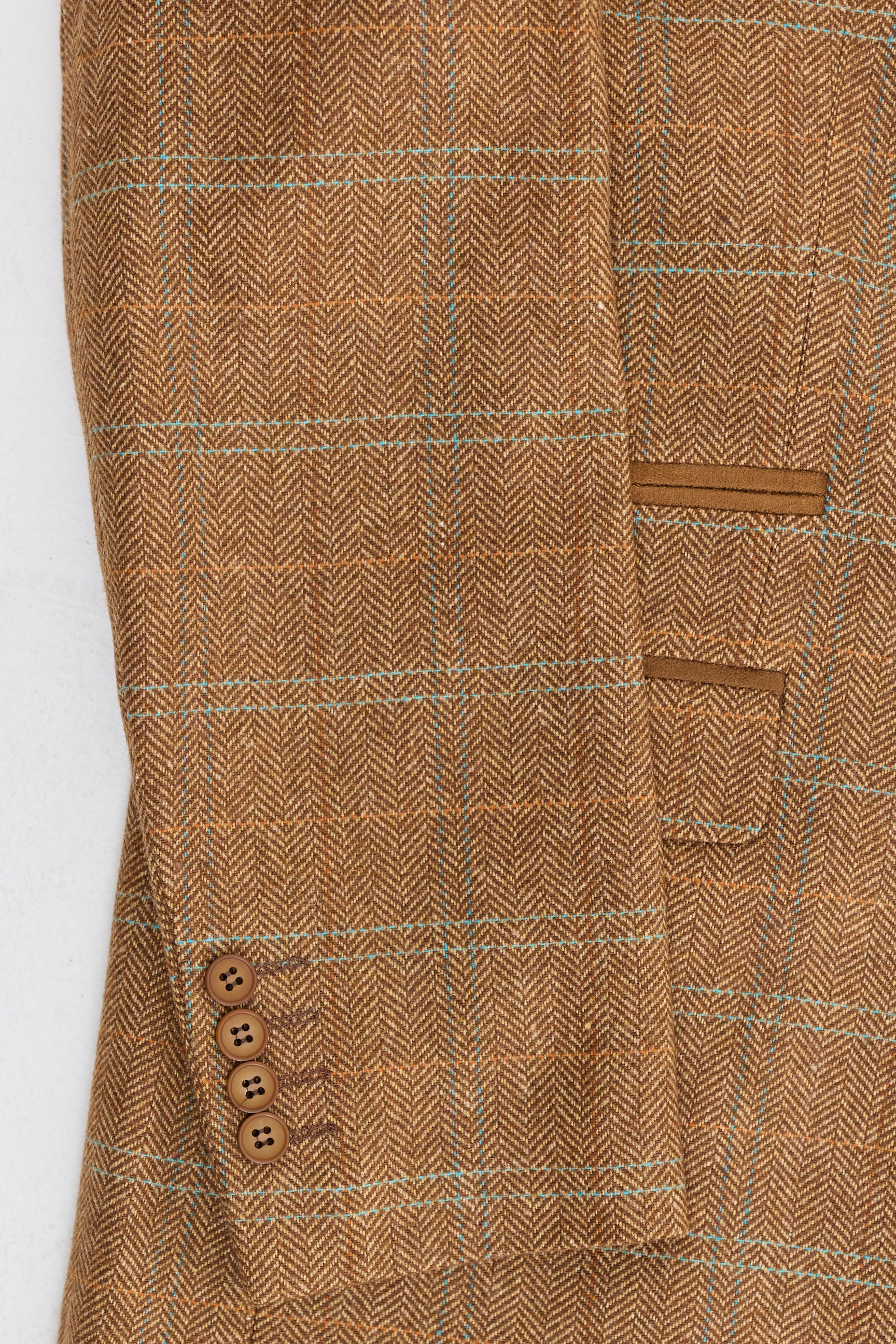 Terno masculino de 3 peças em lã tweed espinha de peixe, xadrez em tons de bege, marrom e azul, estilo Gatsby dos anos 1920