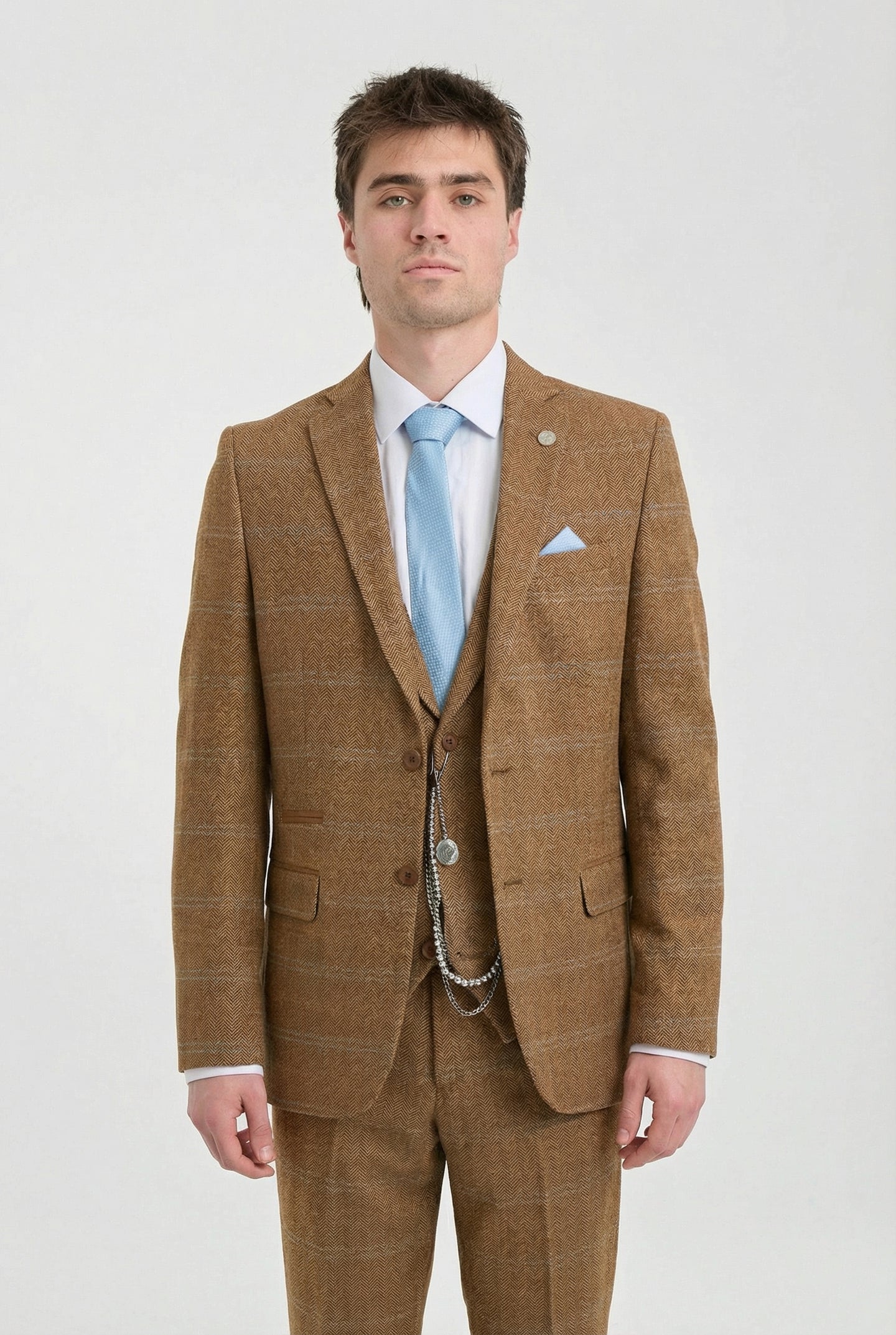 Terno masculino de 3 peças em lã tweed espinha de peixe, xadrez em tons de bege, marrom e azul, estilo Gatsby dos anos 1920