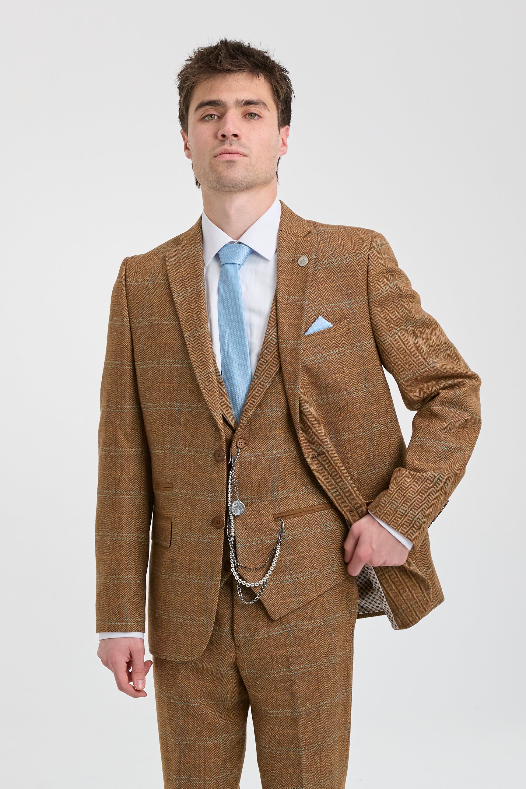 Terno masculino de 3 peças em lã tweed espinha de peixe, xadrez em tons de bege, marrom e azul, estilo Gatsby dos anos 1920