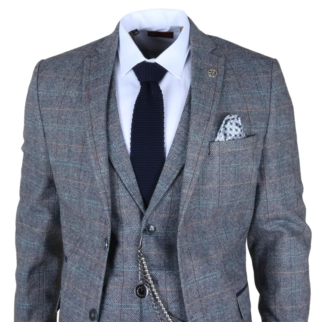 Terno masculino de 3 peças em lã tweed xadrez azul claro e cinza.