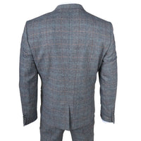 Terno masculino de 3 peças em lã tweed xadrez azul claro e cinza.