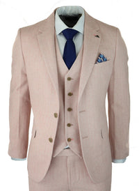 Terno masculino de tweed espinha de peixe, 3 peças, rosa blush, estilo retrô vintage, comprimento curto regular.