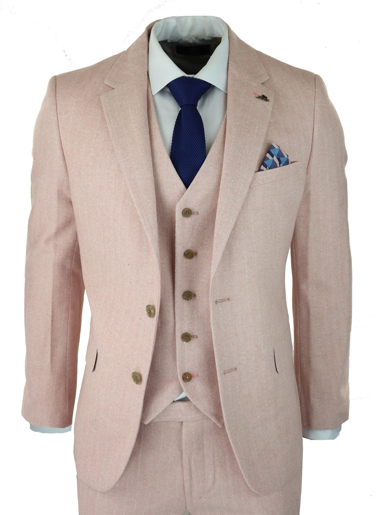 Terno masculino de tweed espinha de peixe, 3 peças, rosa blush, estilo retrô vintage, comprimento curto regular.