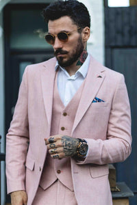 Terno masculino de tweed espinha de peixe, 3 peças, rosa blush, estilo retrô vintage, comprimento curto regular.