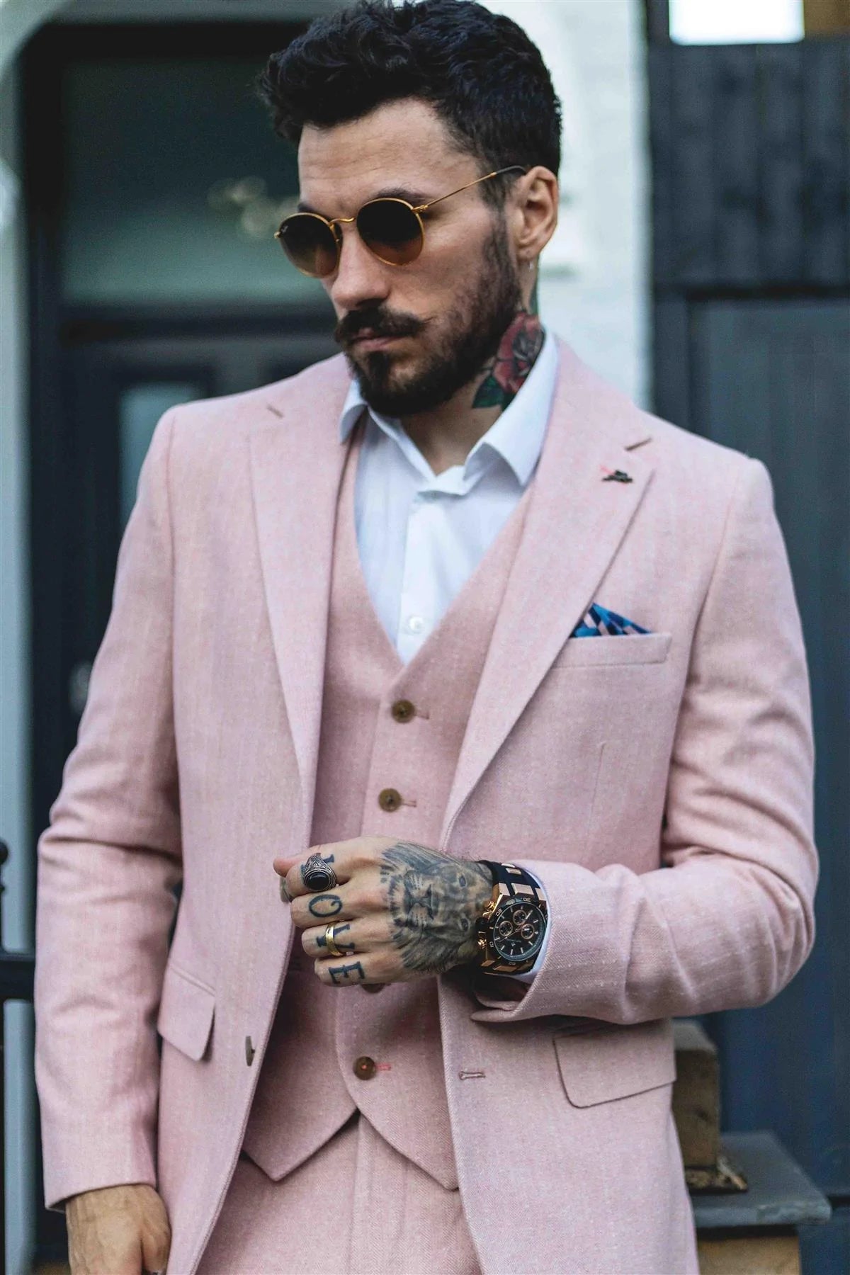 Terno masculino de tweed espinha de peixe, 3 peças, rosa blush, estilo retrô vintage, comprimento curto regular.