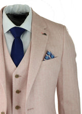 Terno masculino de tweed espinha de peixe, 3 peças, rosa blush, estilo retrô vintage, comprimento curto regular.