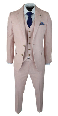 Terno masculino de tweed espinha de peixe, 3 peças, rosa blush, estilo retrô vintage, comprimento curto regular.