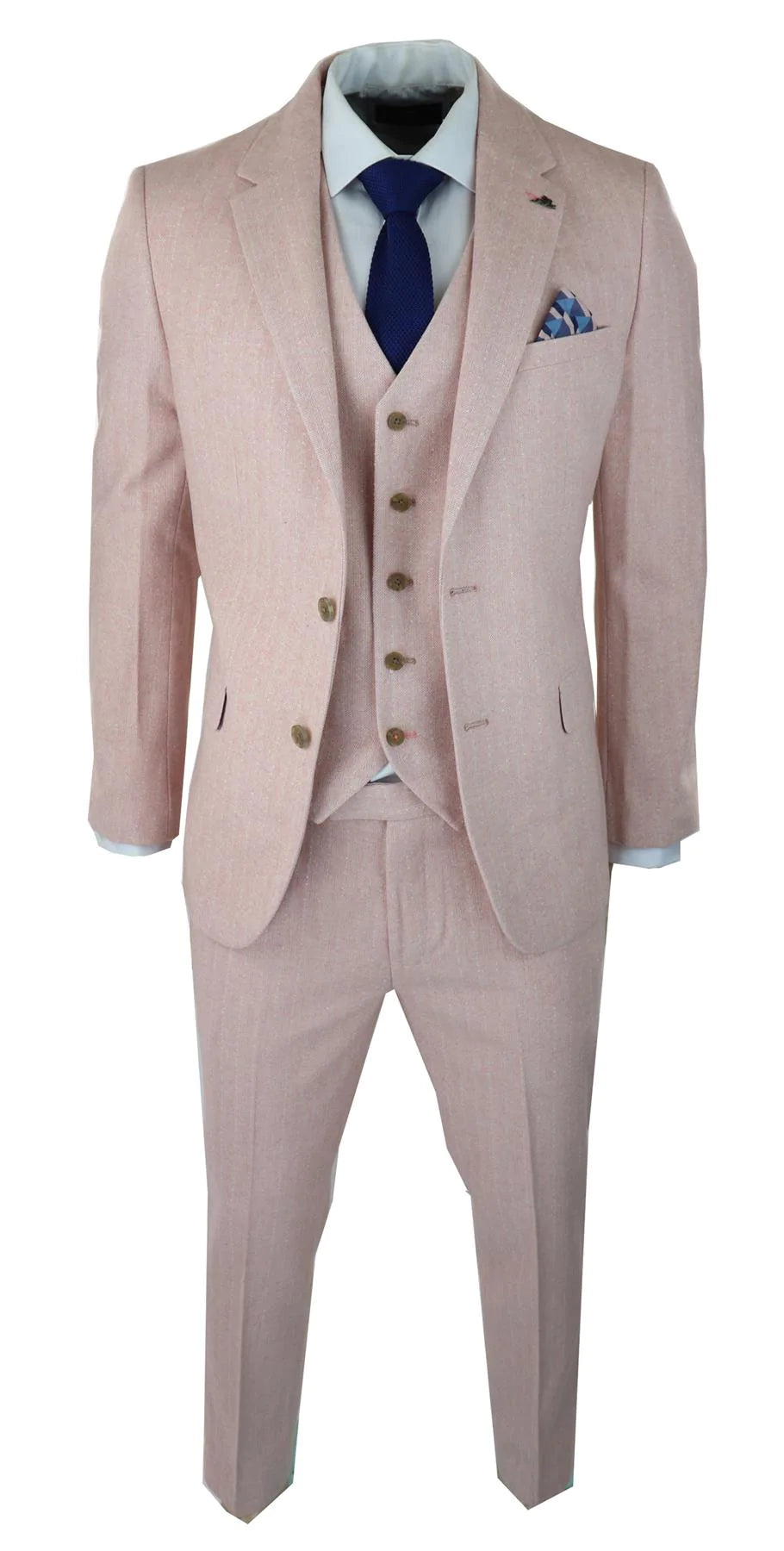 Terno masculino de tweed espinha de peixe, 3 peças, rosa blush, estilo retrô vintage, comprimento curto regular.