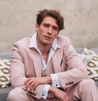 Terno masculino de tweed espinha de peixe, 3 peças, rosa blush, estilo retrô vintage, comprimento curto regular.