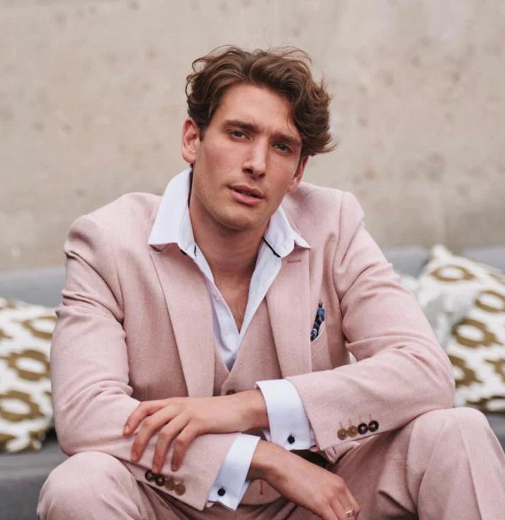 Terno masculino de tweed espinha de peixe, 3 peças, rosa blush, estilo retrô vintage, comprimento curto regular.